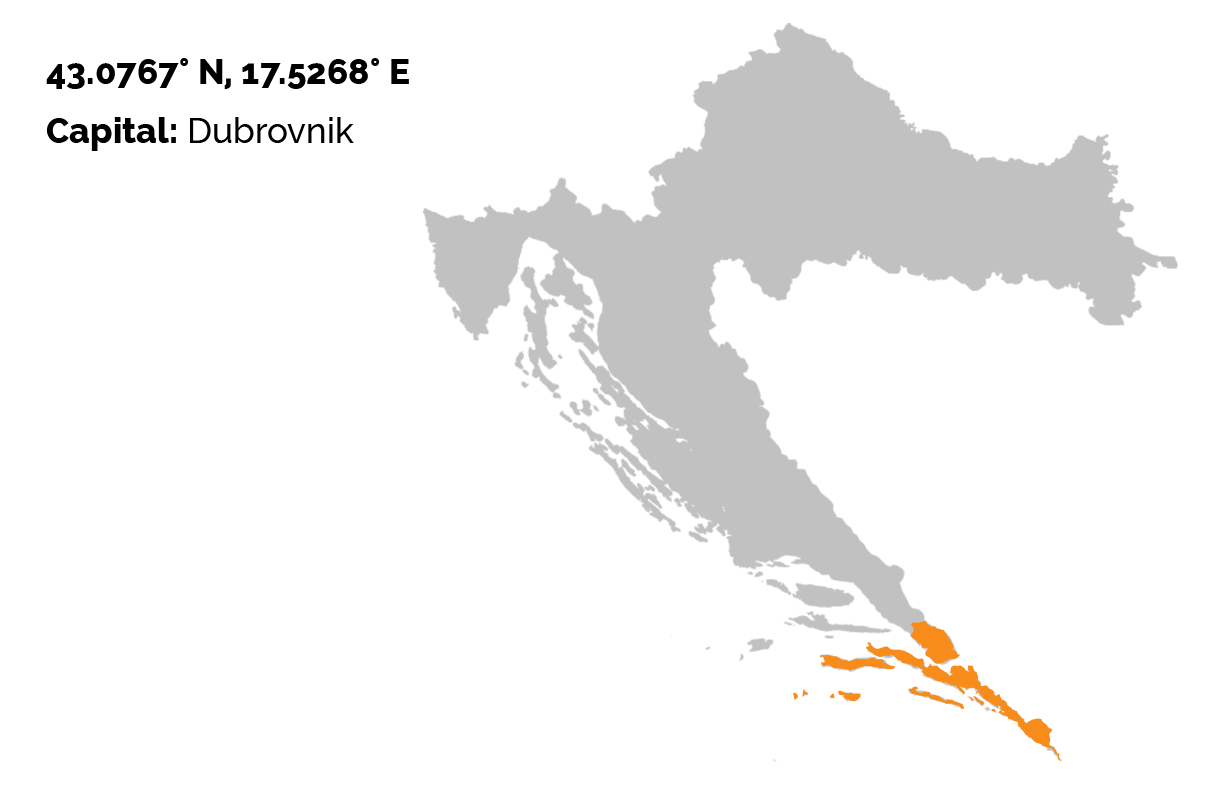 The gray map of Croatia on the white background and Dubrovnik-Neretva county outlined in oragne color.