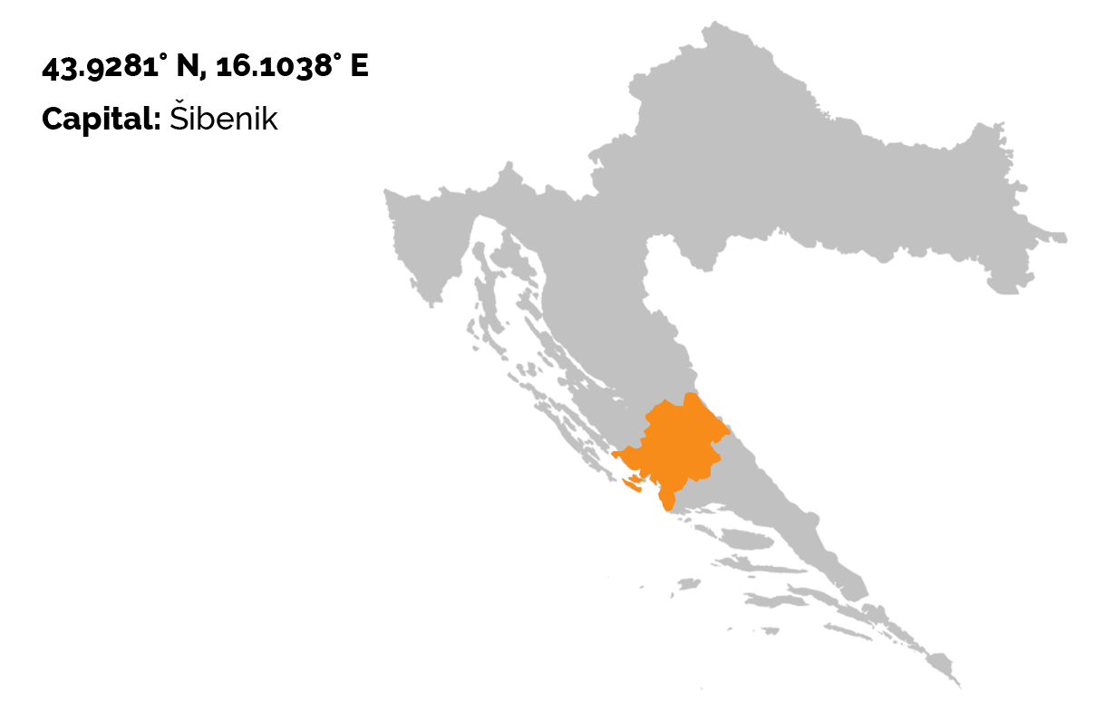The grey map of Croatia on the white background, and the Šibenik-Knin county outlined in orange color.