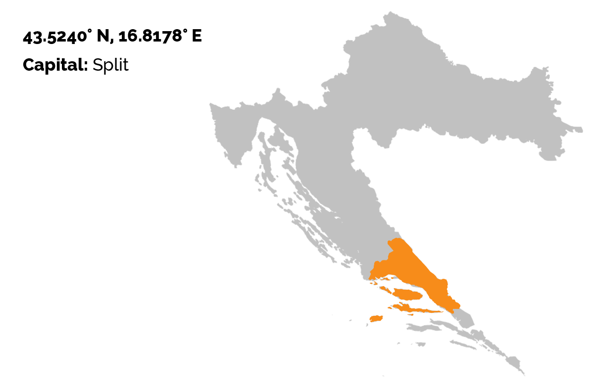 The map of Croatia in grey color, and the Split Dalmatia region outlined in orange color.