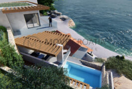 The 3D render of the outside terrace with a pergola and the swimming pool.