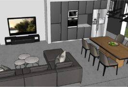 3D render of the living room with a large black couch, brown dining table, and the kitchen in the background.