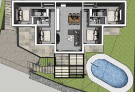 3D ground plan of the house with 4 bedrooms and a large living room.