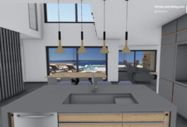 The 3D render of the kitchen area with a large island, and a dining area with a panoramic view.