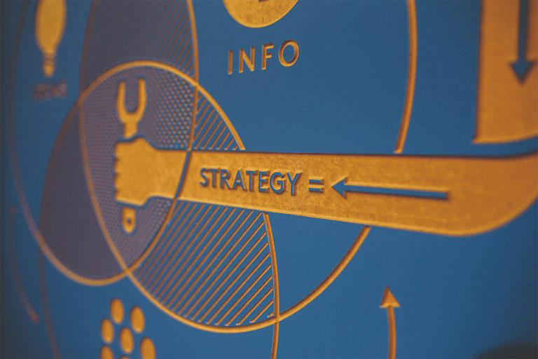 The blue themed infographic with a pie chart and a yellow hand with a term "strategy" on it.