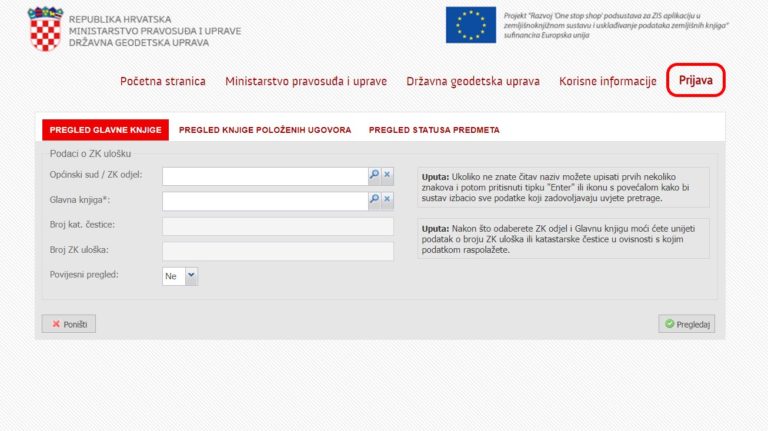The home page of Croatian Land Registry with five data queries.