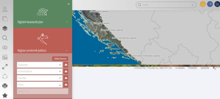 The homepage of cadastre website in Croatia with a search query and Croatian map in the middle.