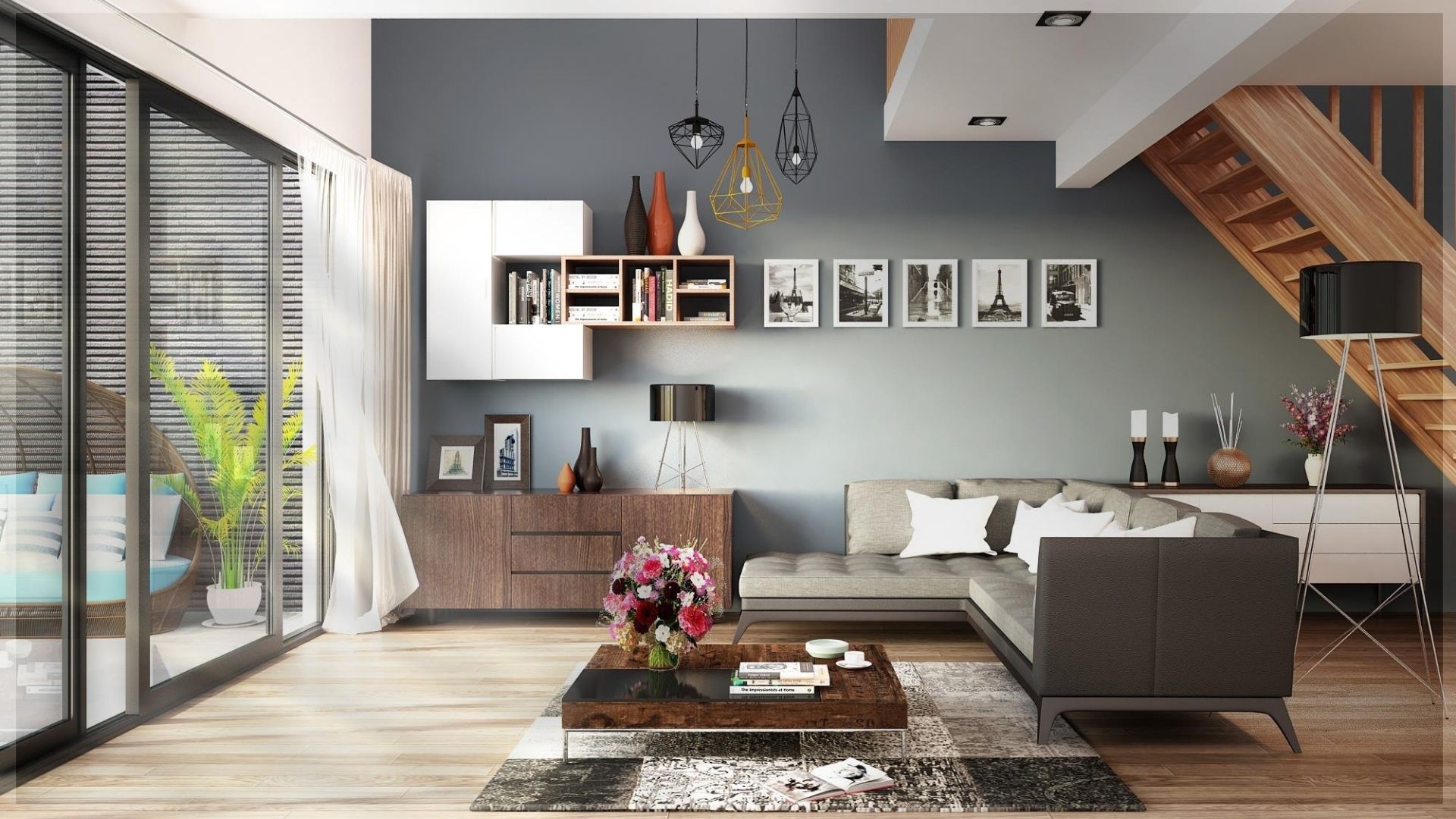 Interior design inside the living area with a grey wall, three lamps, bookshelves, and a green couch.