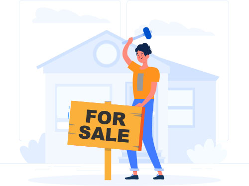The illustration of a woman that puts a "For sale" sign in front of the house.
