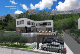 The 3D render of the white contemporary villa with a swimming pool, garden and a private parking.
