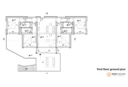The ground plan of the house with 2 floors, 4 bedrooms, and a large living room.