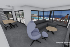 3D render of the contemporary open-space living area with a panoramic view of the sea.