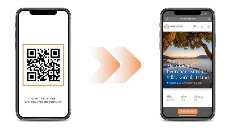 Two smartphones on the white background. The right smartphone shows the qr code, and the second shows the property that appears after the scan.